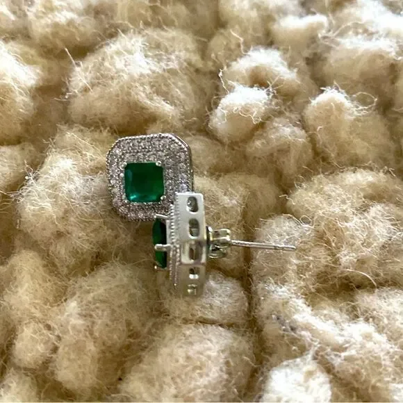 925 Sterling Silver Elegant Square Green Emerald CZ Stone Diamond Stud Earrings